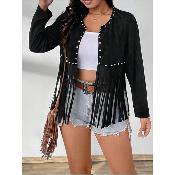 Women’s Black Plus Size Floerns Beaded Tassel Open Front Festival Jacket - Picture 6 of 6